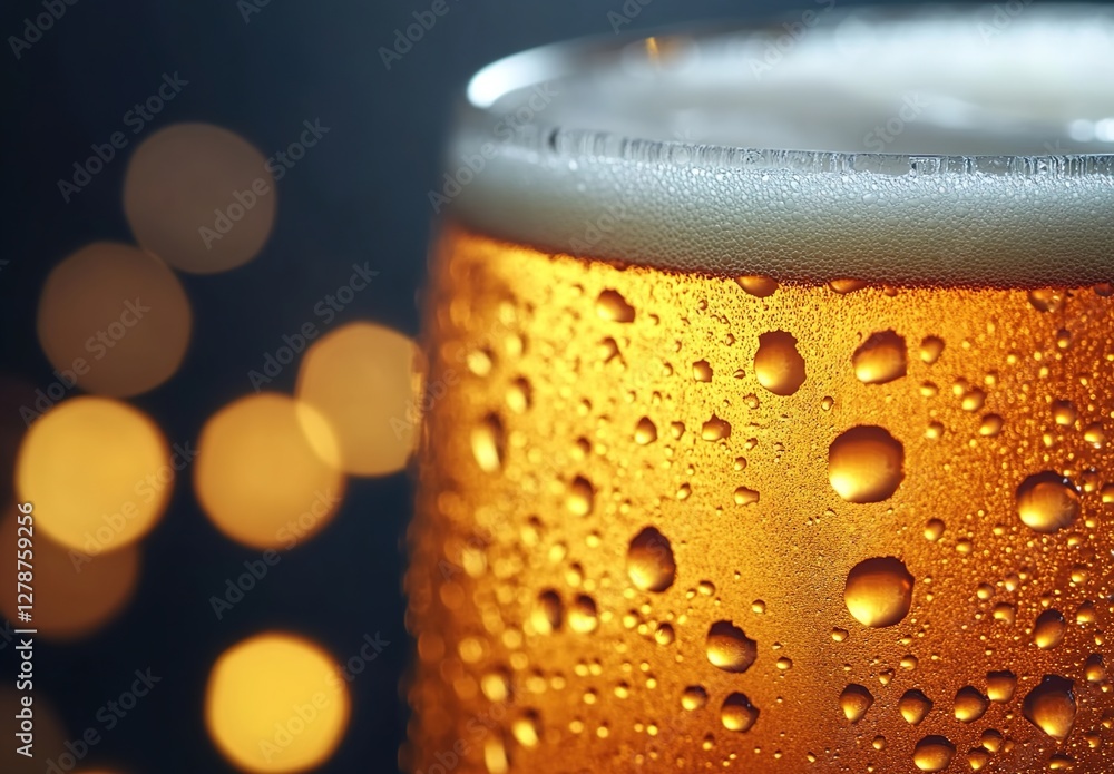 Close-up of a golden beer in a glass with droplets, macro photography, cinematic style. Close-up of a golden beer in a glass with droplets, macro photography, cinematic style.