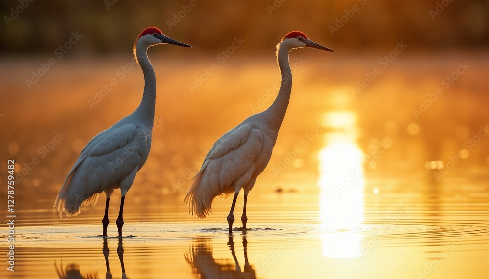 Fototapeta premium Majestic Cranes at Golden Sunrise