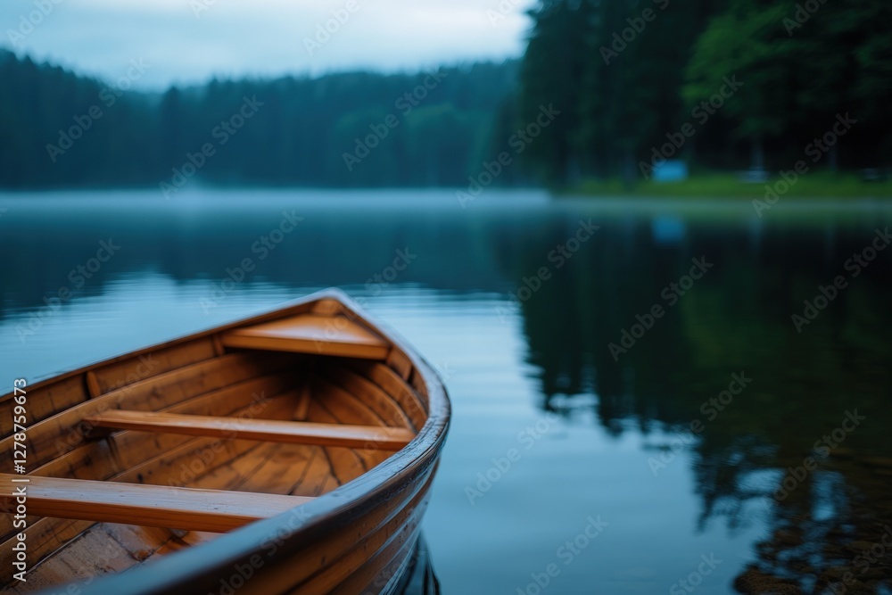 Obraz premium Wooden rowboat lake misty forest morning serenity