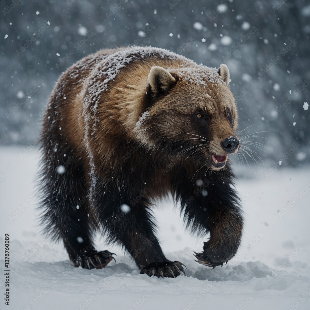Obraz premium A wolverine walking through snow, thick fur, transparent background.