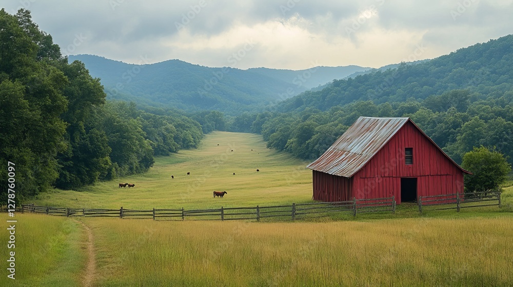 Serene Rural Landscape with Livestock and Classic Red Barn Serene Rural Landscape with Livestock and Classic Red Barn