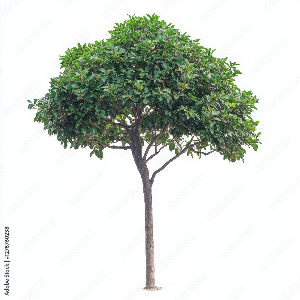 A tall oak tree isolated in nature with lush green leaves and a strong trunk standing proudly in a sunny summer environment A tall oak tree isolated in nature with lush green leaves and a strong trunk standing proudly in a sunny summer environment
