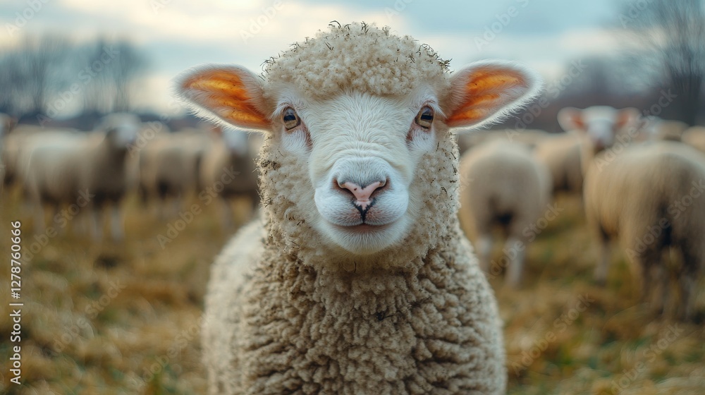 Obraz premium Close-Up of Sheep Facing Camera on Farm in Warm Evening Light