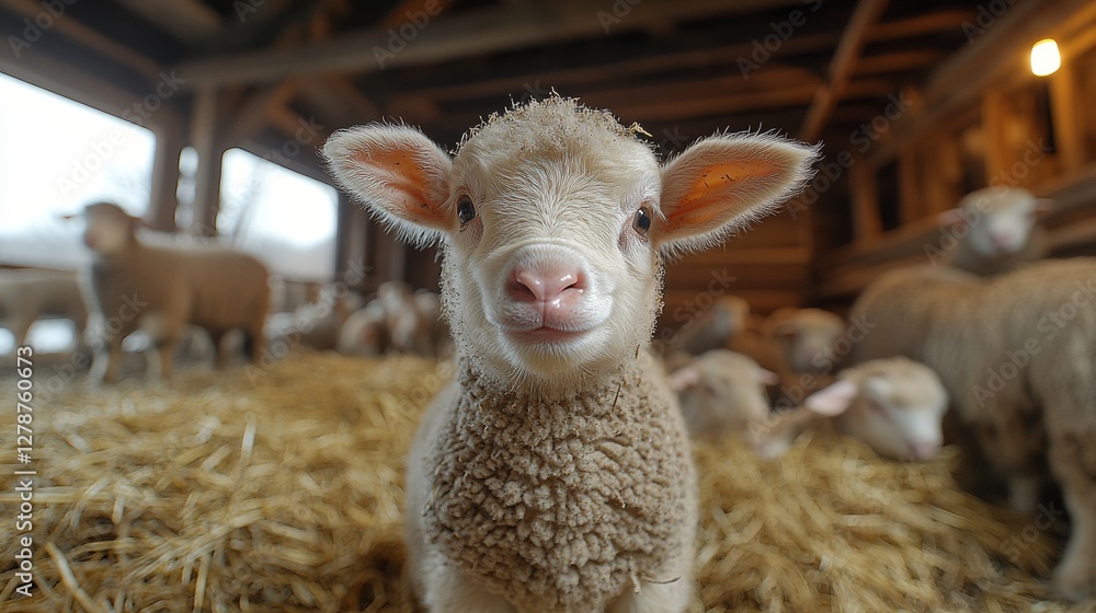 Cute Lamb in Rustic Barn Surrounded by Farm Livestock and Hay Cute Lamb in Rustic Barn Surrounded by Farm Livestock and Hay