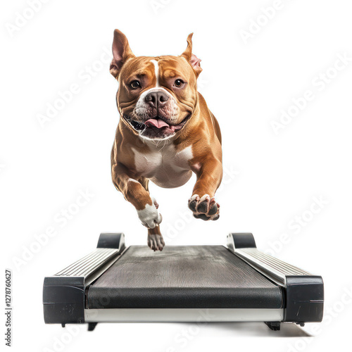 Energetic dog running on a treadmill in a bright indoor setting with a playful atmosphere