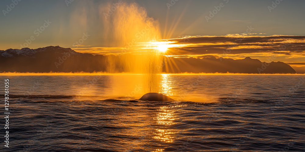 Golden sunset over ocean, Whale spouting in golden sunset, Majestic sunset with spouting whale, Golden ocean sunset scenery Golden sunset over ocean, Whale spouting in golden sunset, Majestic sunset with spouting whale, Golden ocean sunset scenery