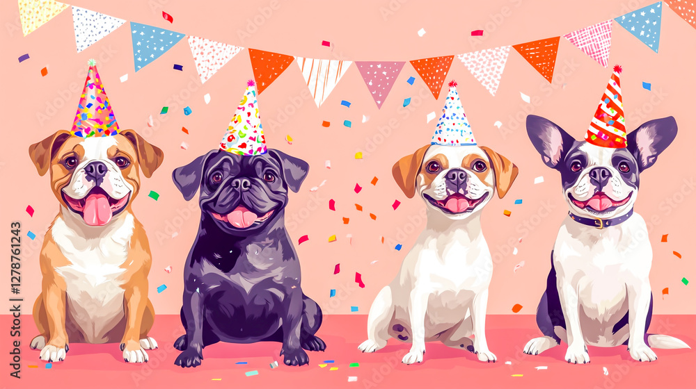 Fototapeta premium Adorable team of birthday pets from different breeds, wearing party hats and surrounded by festive decorations.