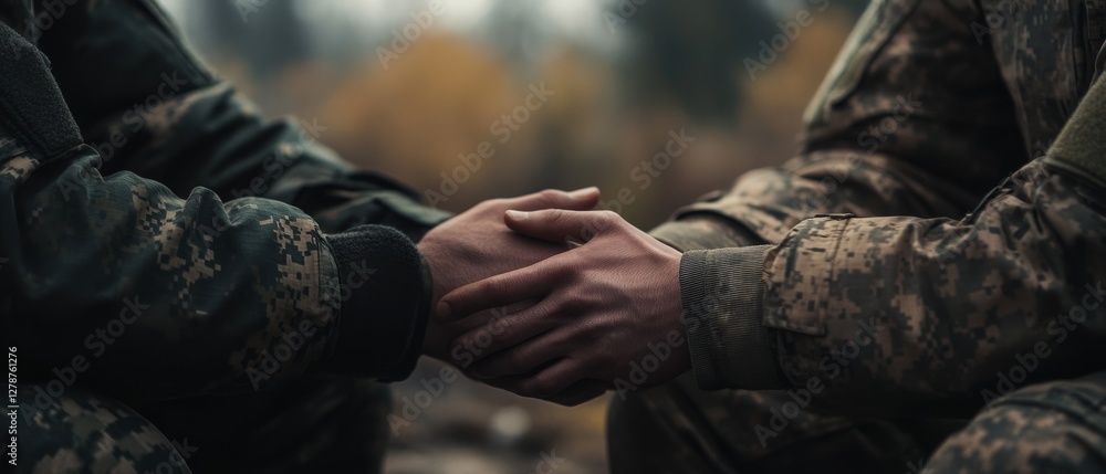 In a tender moment, soldiers grasp hands, symbolizing deep understanding and solidarity amidst challenging situations. In a tender moment, soldiers grasp hands, symbolizing deep understanding and solidarity amidst challenging situations.