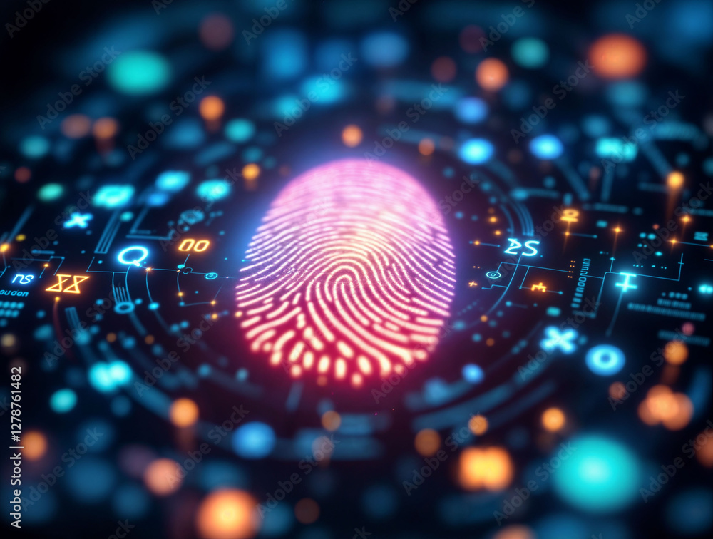 Fototapeta premium Fingerprint scanner glowing with quantum encryption symbols, representing the future of biometric security.