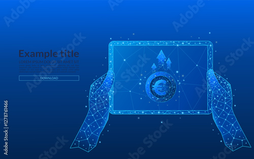 Hands holding a tablet concept of increasing income, business and finance in euro. 3D money in light blue futuristic style on phone screen and growth chart