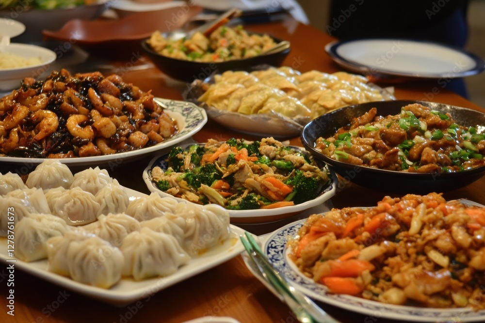 A delicious spread of assorted Chinese dishes arranged on a wooden table, ready to be enjoyed. A delicious spread of assorted Chinese dishes arranged on a wooden table, ready to be enjoyed.