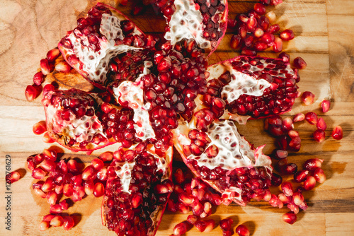 An open Pomegrenade on a wooden background. photo