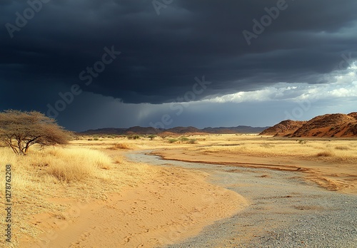 A photo of the African desert, with cracked earth and dried-up vegetation, and dark stormy clouds overhead