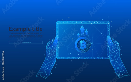 Hands holding a tablet close-up concept of income increase, business and finance in bitcoin. 3D money in light blue futuristic style on phone screen and growth chart