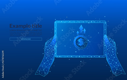 Hands holding a tablet close-up concept of income increase, business and finance in dollars. 3D money in light blue futuristic style on phone screen and growth chart