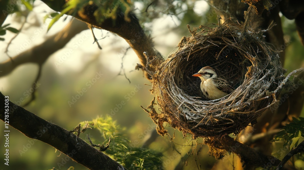 A Nesting Haven: A small bird sits snugly in its meticulously crafted nest nestled amongst the branches of a tree, bathed in the soft, natural light. A Nesting Haven: A small bird sits snugly in its meticulously crafted nest nestled amongst the branches of a tree, bathed in the soft, natural light.