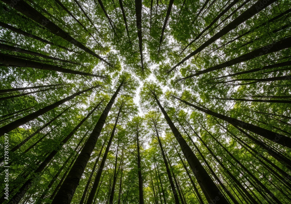 Looking straight up at tall trees in a dense forest. Looking straight up at tall trees in a dense forest.