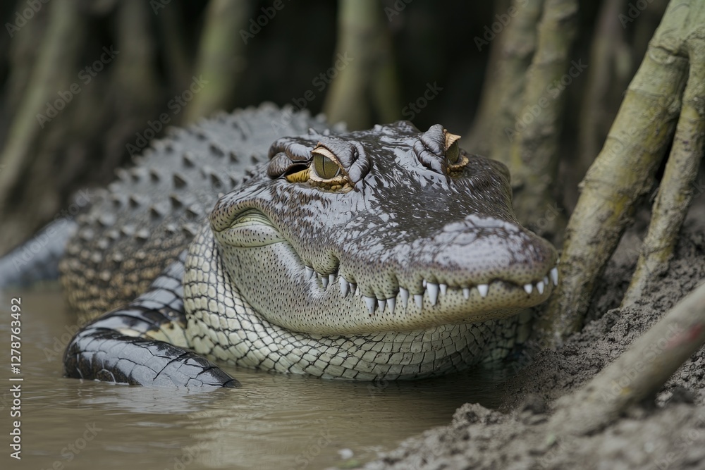 Fototapeta premium Lurking in murky waters, this crocodile showcases intricate text