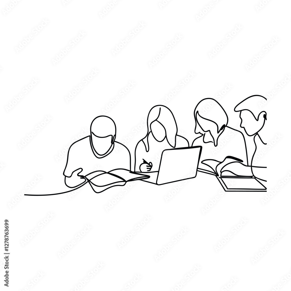 Collaborative Study Group Students Learning Together Using Laptop and Books Collaborative Study Group Students Learning Together Using Laptop and Books