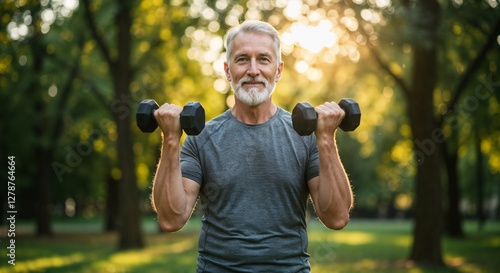 Man Lifting Weights Smiling in Park Sunlight