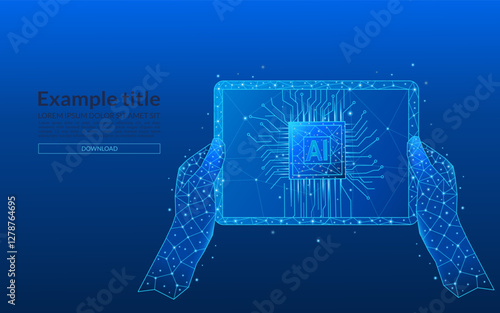 Hands holding smart tablet close-up. Abstract light blue digital AI chip on empty low poly screen. AI technology concept. Processor with circuit lines and letters A and I