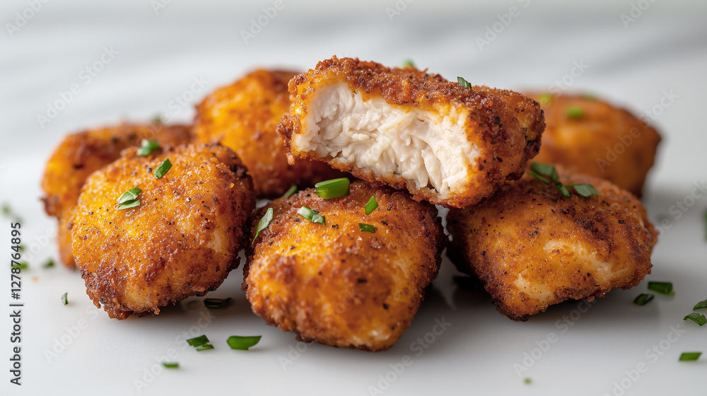 Fried chicken nuggets on a white table. Fried chicken nuggets on a white table.