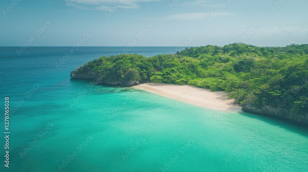 Fototapeta premium Serene coastal scene with turquoise waters and lush green surrou