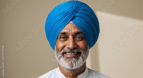 Smiling Sikh Man Portrait with Blue Turban Against Beige Background