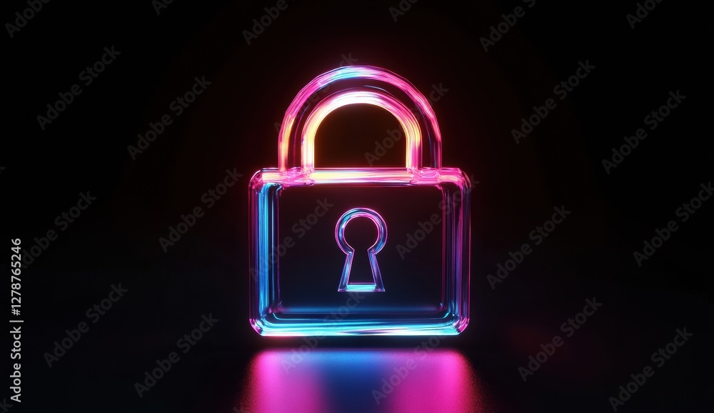 Front view and symmetric Locked icon, glass material, neon light effect, black background, 3D rendering, isometric view, high-resolution photography, Front view and symmetric Locked icon, glass material, neon light effect, black background, 3D rendering, isometric view, high-resolution photography,