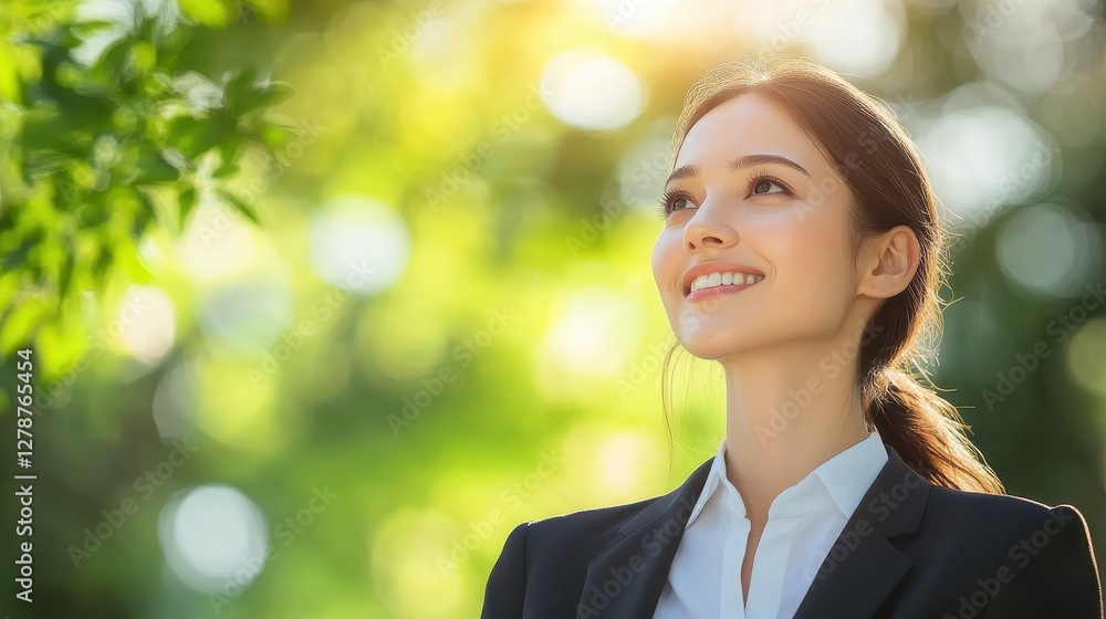 Cheerful businesswoman with formal outfit in city park outdoors, looking at side corner Cheerful businesswoman with formal outfit in city park outdoors, looking at side corner