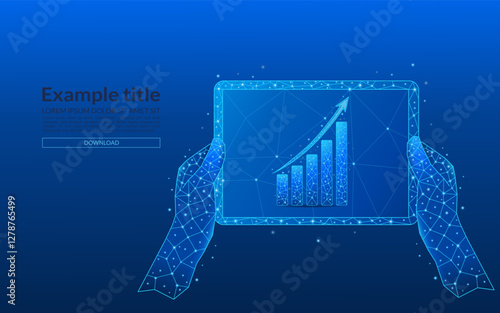 Hands holding tablet in foreground showing abstract arrow graph. Stock market concept in light blue futuristic holographic style