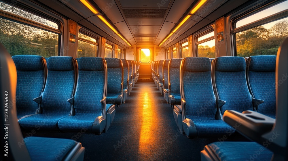 Naklejka premium Empty train interior at sunset