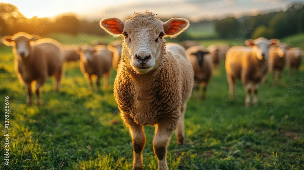 Close-up of Sheep on a Farm at Golden Hour in Lush Green Field Close-up of Sheep on a Farm at Golden Hour in Lush Green Field