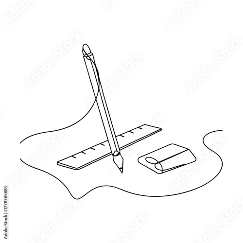 Single Line Drawing Pencil, Ruler, Eraser, Stationery, Minimalist, Art, Design, Sketch, Education, S