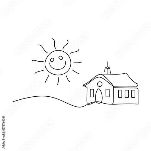 Happy Sun Shining on a Simple OneLine Schoolhouse Drawing