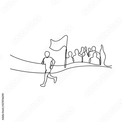 Singleline drawing Runner crosses finish line, victory, crowd cheers