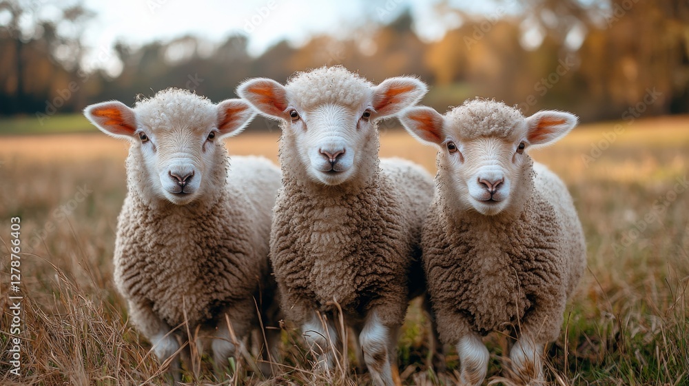 Obraz premium Three Curious Lambs on a Farm in Autumn Landscape