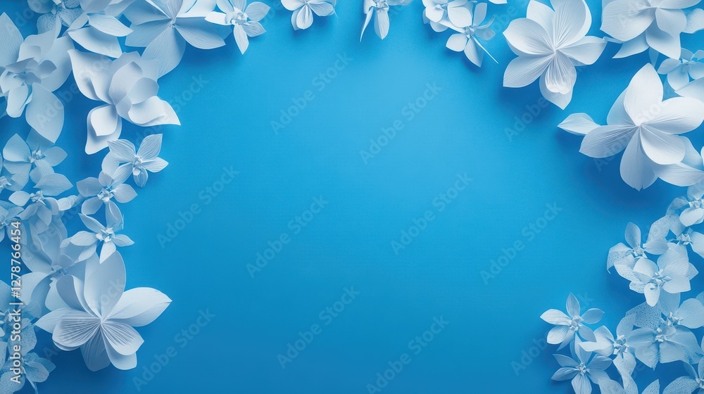 A blue background adorned with white paper-cut blooming flowers, offering an empty space for copy. A blue background adorned with white paper-cut blooming flowers, offering an empty space for copy.
