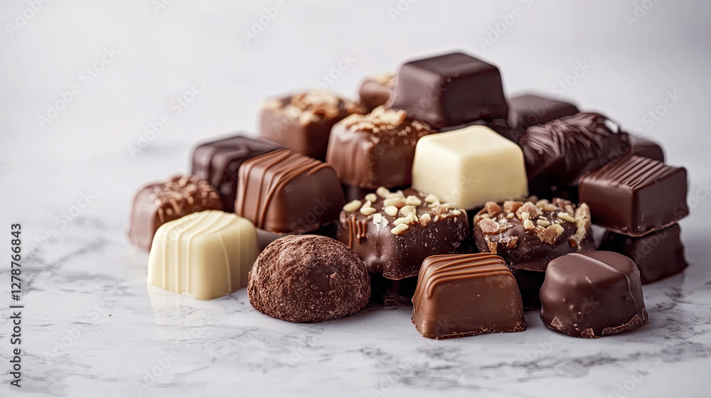 Assorted chocolates arranged on a marble surface showcasing various flavors and textures ideal for any sweet tooth celebration. Generative AI Assorted chocolates arranged on a marble surface showcasing various flavors and textures ideal for any sweet tooth celebration. Generative AI
