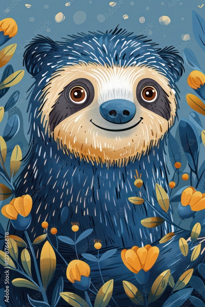 Fototapeta premium A cheerful, illustrated bear surrounded by colorful flowers and foliage.