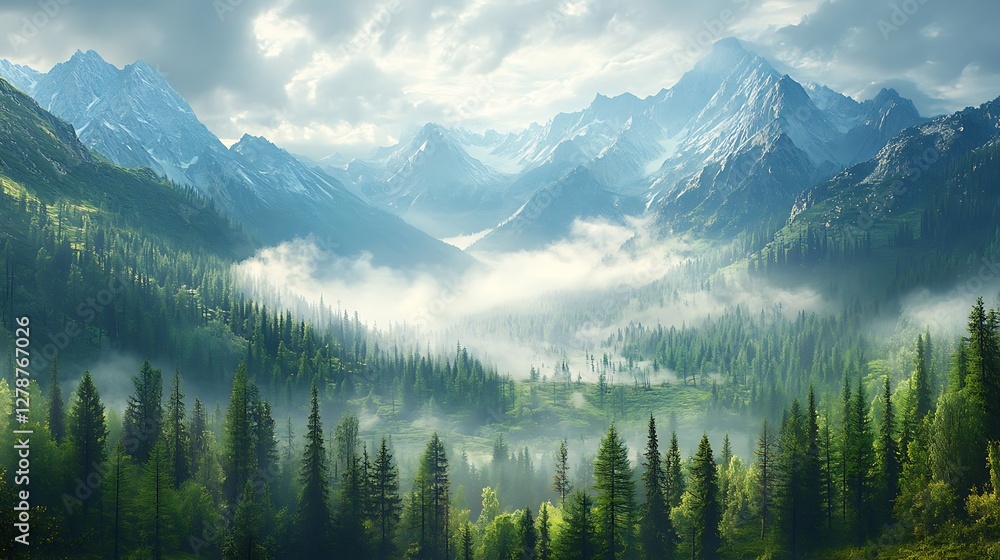 Misty Forested Mountain Landscape at Dawn Misty Forested Mountain Landscape at Dawn