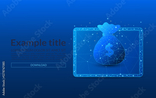 tablet close up abstract dollar savings or profit concept. Money bag with dollar coins in low poly style