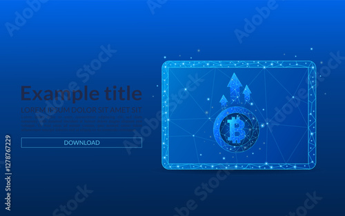 tablet close up concept of income increase, business and finance in bitcoin. 3D money in light blue futuristic style on phone screen and growth chart