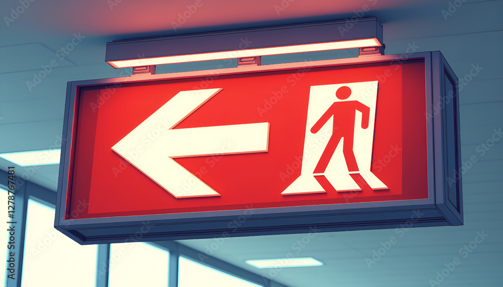 Emergency exit sign with directional arrow, workplace safety guidance in realism style Emergency exit sign with directional arrow, workplace safety guidance in realism style