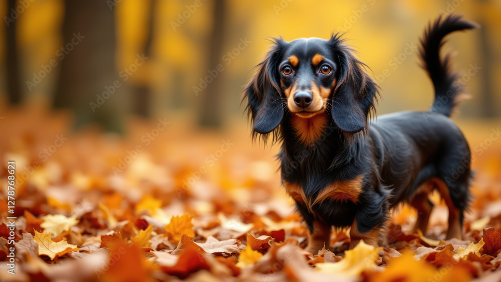 A happy long-haired dachshund with fall leaves on the ground. A happy long-haired dachshund with fall leaves on the ground.