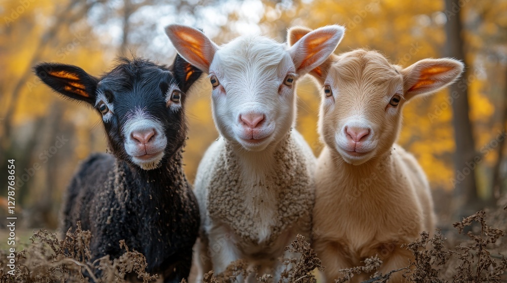 Fototapeta premium Cute Young Lambs on a Farm Surrounded by Autumn Foliage