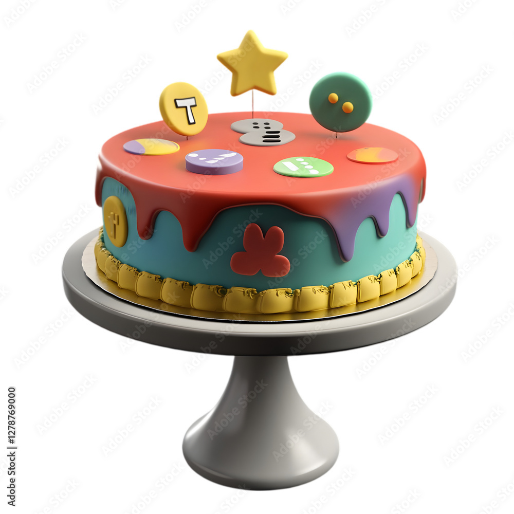 View of 3d delicious looking cake with candle on White Background View of 3d delicious looking cake with candle on White Background