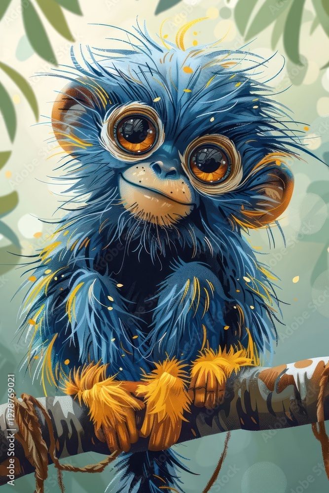 Fototapeta premium A vibrant, cartoonish monkey with fluffy blue fur and large eyes sitting on a branch.