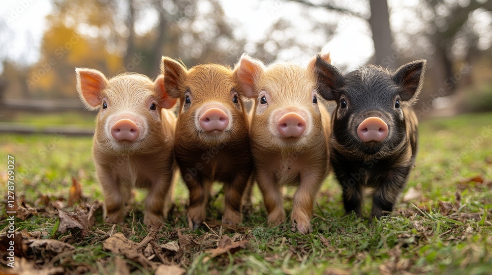 Cute Piglets on a Farm in Late Autumn with Colorful Backgrounds Cute Piglets on a Farm in Late Autumn with Colorful Backgrounds