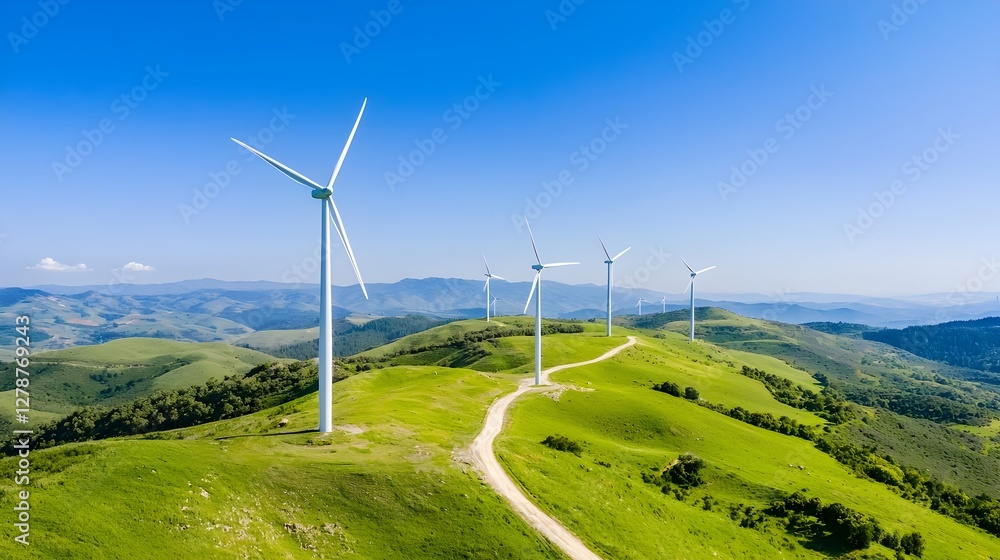 wind turbines standing tall on a green hill, harnessing the power of the wind against a blue sky wind turbines standing tall on a green hill, harnessing the power of the wind against a blue sky